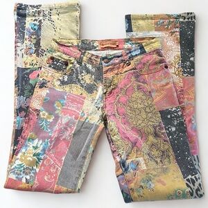 Bisou Jeans Patchwork Print Bootcut Pants – Size 4 – Vibrant Boho Y2K Style